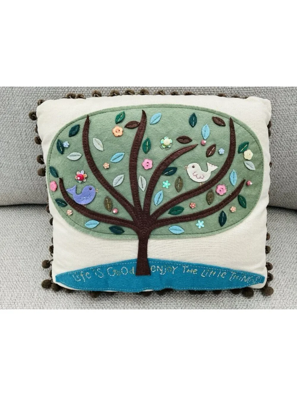 Whimsical Bird Tree Applique Throw Pillow Life Is Good 12x10 Pom Trim - Picture 1 of 6